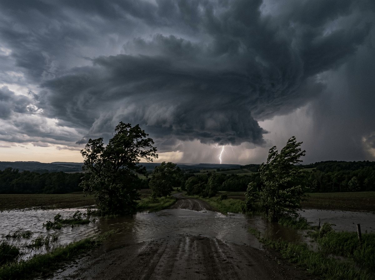 xtreme weather scene, dark rotating storm clouds forming over a rural landscape, distant lightning, rising floodwater creeping over a road, trees bending in strong wind, dramatic sky at dusk