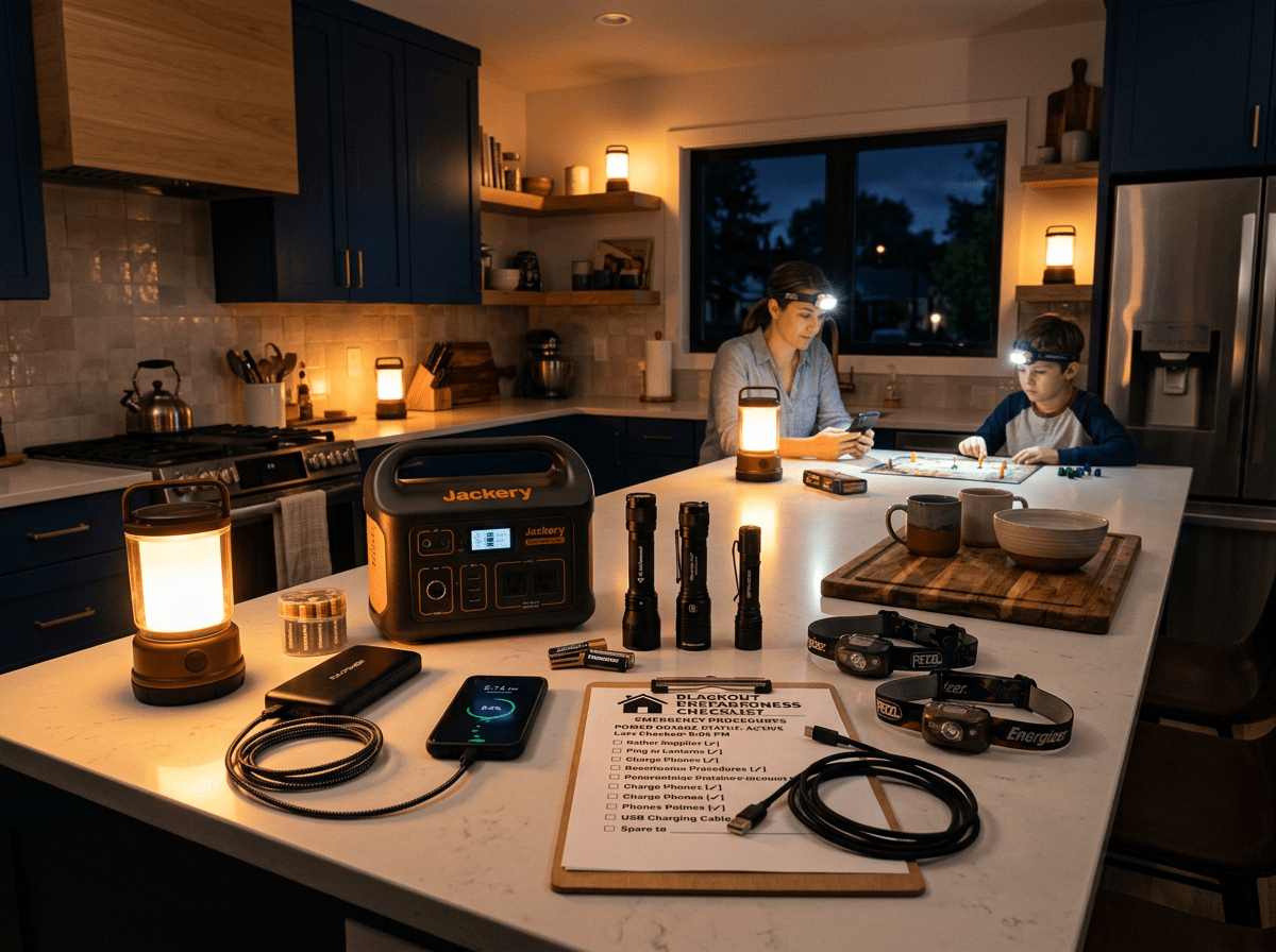 A modern family kitchen during a power outage with organized emergency lighting: LED lanterns, flashlights, headlamps, power banks, portable power station, charging cables, batteries, and a printed blackout checklist