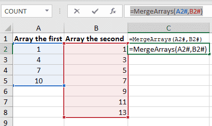 The formula =concat(b5, ,c5) joins the contents of cell b5, then a space surrounded by the two double quotes, then the contents of cell c5. Excel Merge Arrays Into A Single Array With Vba Office Watch