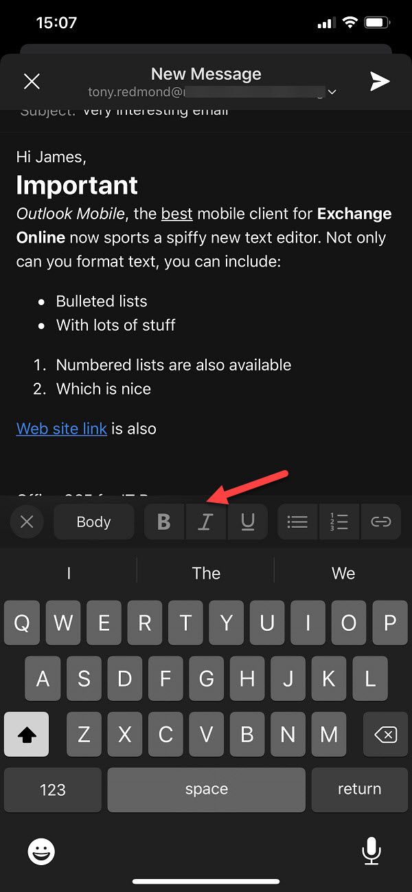 Look what nicely formatted messages you can now compose with Outlook for iOS