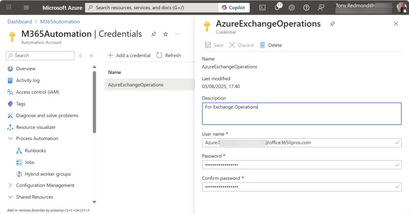 Editing a credential object stored in an Azure automation account.Credential used with Connect-IPPSSession.