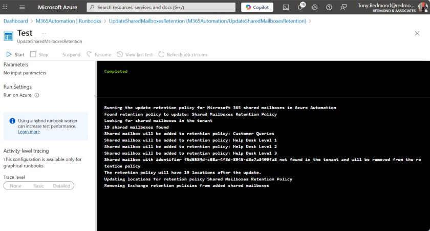 Updating the Microsoft 365 retention policy for shared mailboxes in Azure Automation.