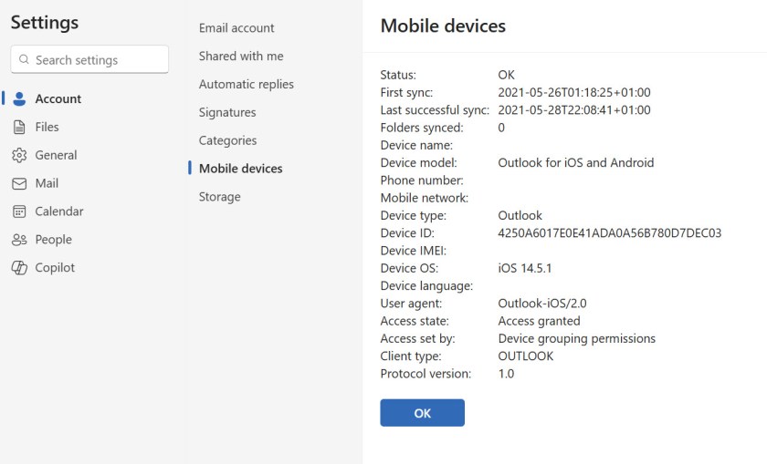 Details of a mobile device shown in OWA.
