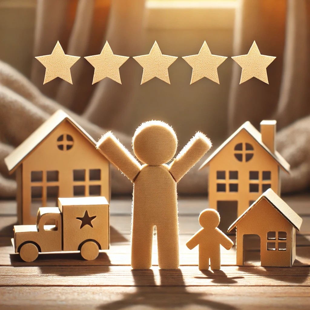 a cardboard person with 5 stars overhead representing Durant Insurance Center's 5 star reviews