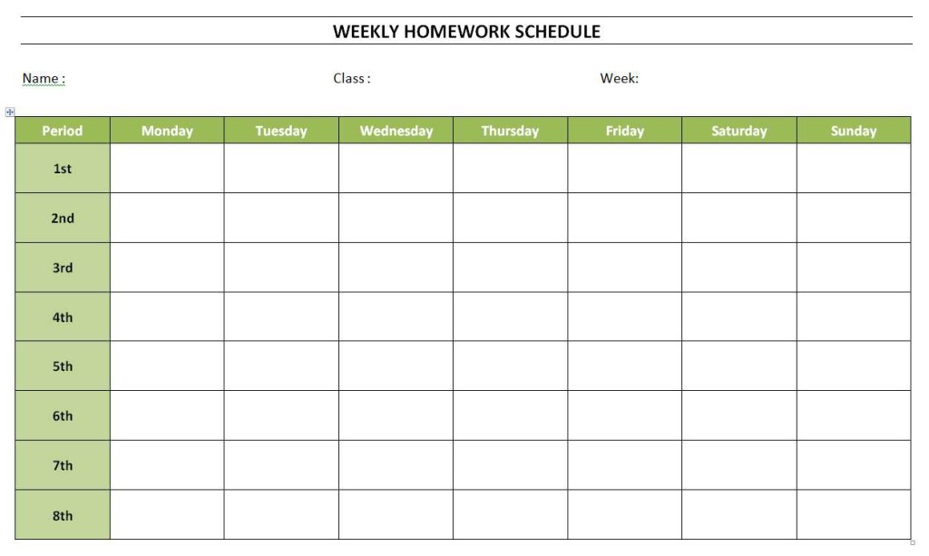 weekly homework schedule officetemplatesnet