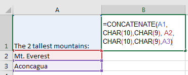 Insert a tab character in a cell in excel
