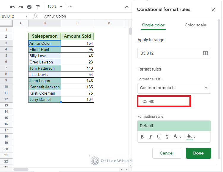 Conditional Formatting Based On Another Cell In Google Sheets - OfficeWheel