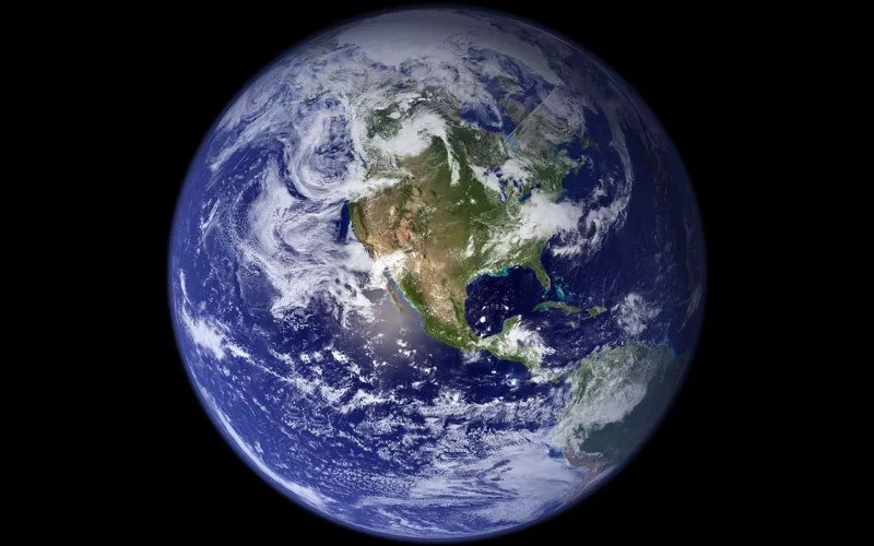 A visualization of Earth centered on North America, assembled from satellite observations against black space.