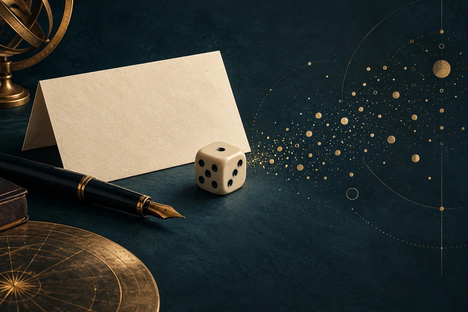 One die beside a blank letter and a fountain pen.
