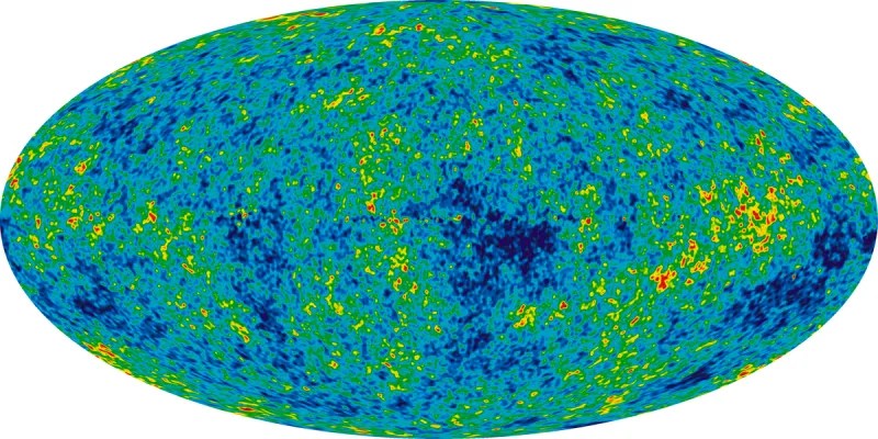 An oval all-sky map of the cosmic microwave background with small blue, green, yellow, and red temperature variations.
