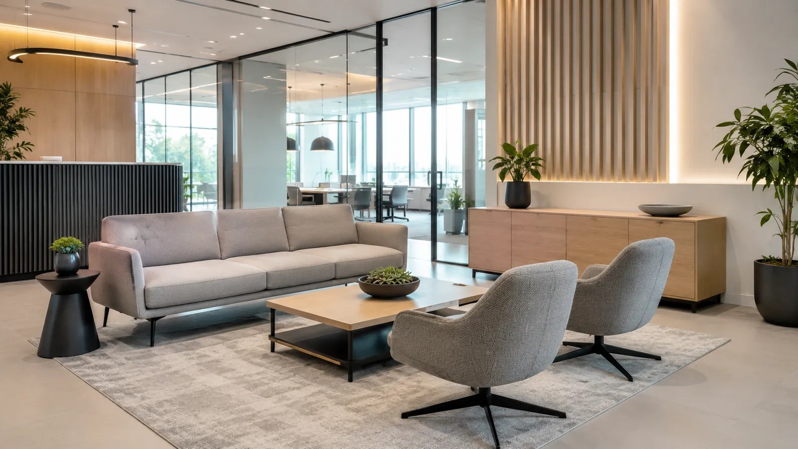 Modern office lounge and breakout area designed for collaboration and relaxation