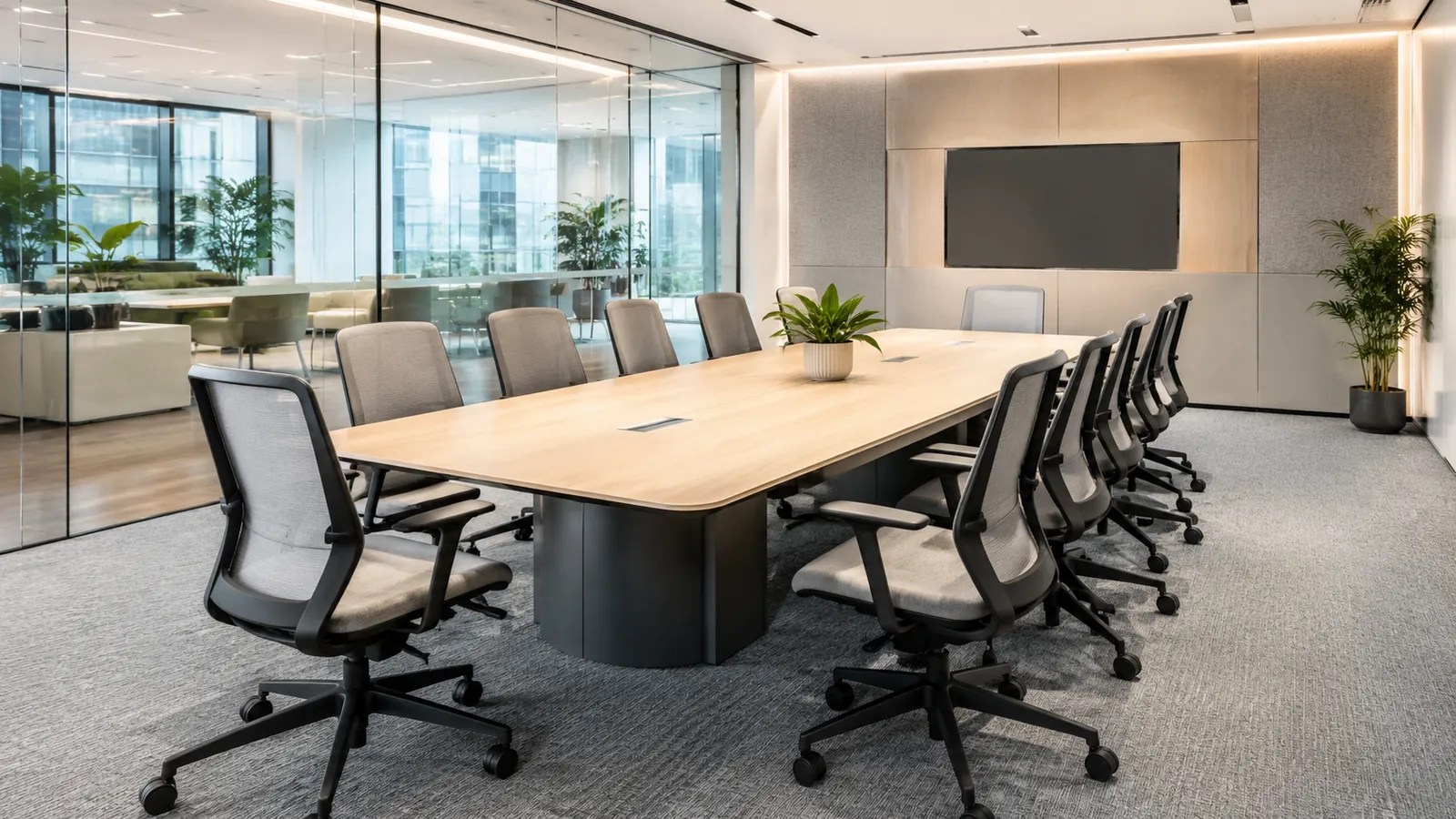 Professional meeting room furniture setup for discussions, presentations and teamwork