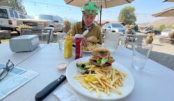 sitting down to a burger and fries