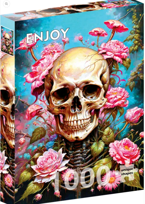 1000 Piece Jigsaw Puzzle - Skull Skeleton in Pink Roses Flower Garden