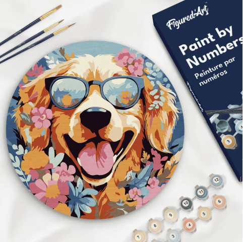 Paint By Numbers On Wood Slice - Fantasy Dog and Flowers