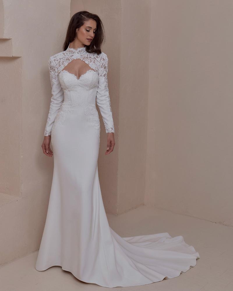 La Perle Mika satin sheath wedding dress with matching lace jacket in Ivory at Ohana Bridal Gilbert AZ