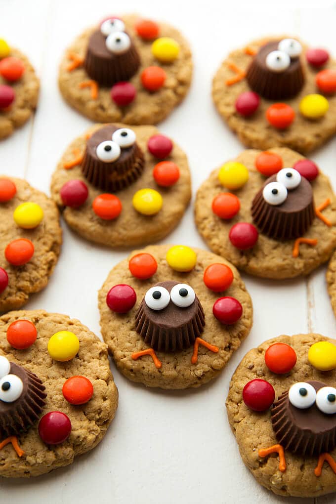 Ingredients · pilgrim hat cookies · acorn candy cookies · caramel thanksgiving pretzels · chocolate caramel turkey legs · turkey caramel pretzels. Turkey Peanut Butter Cookies - Oh Sweet Basil