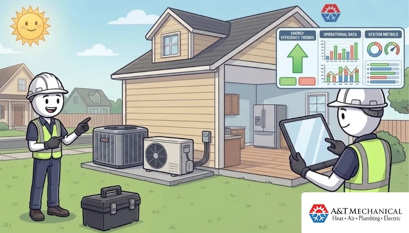 Cartoon illustrator showing options, efficiency ratings, and size considerations to choose the right home HVAC system