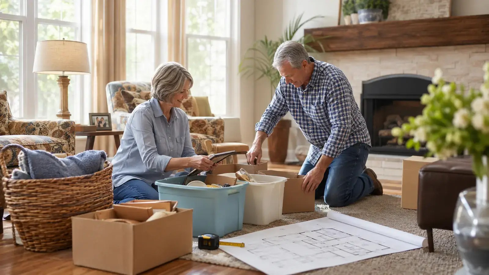 Older Oklahoma couple sorting belongings and reviewing a smaller-home floor plan