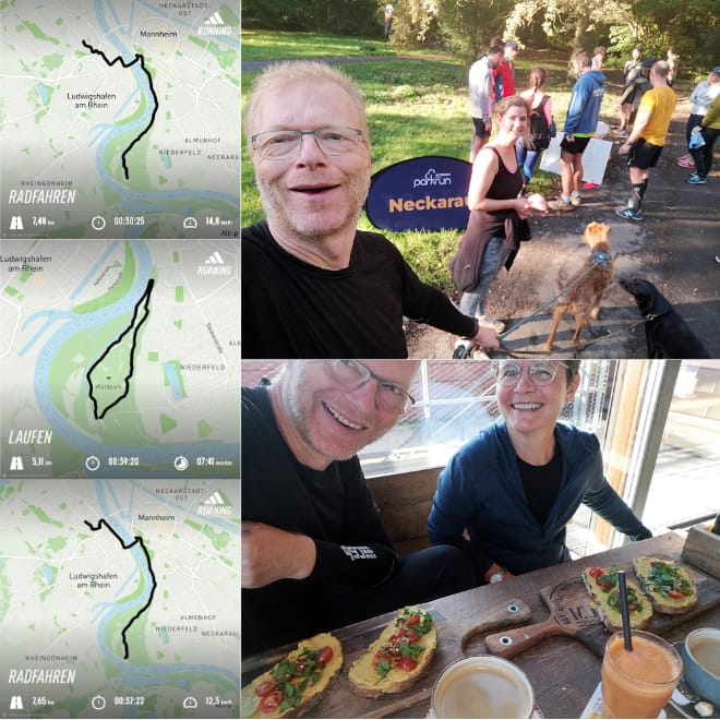 Collage: Links zeigen drei kleine Screenshots aus der Sporttrackingapp Karten des Radwegs zur und von der Veranstaltung Parkrun in Neckarau sowie die Laufstrecke. Rechts ein Selfie im Ziel mit Mitläufern und dem Aufsteller parkrun Neckarau und den beiden in unserem Trüppchen mitlaufenden Hunden. Sowie ein Selfie vom Frühstück im PURiNO.