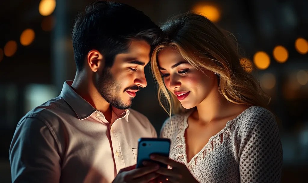 Ilustración de una pareja mirando un teléfono móvil.