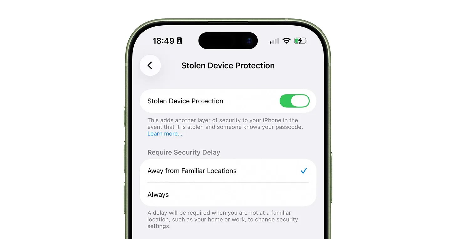 Pantalla de un iPhone con la opción de protección del dispositivo en caso de robo.