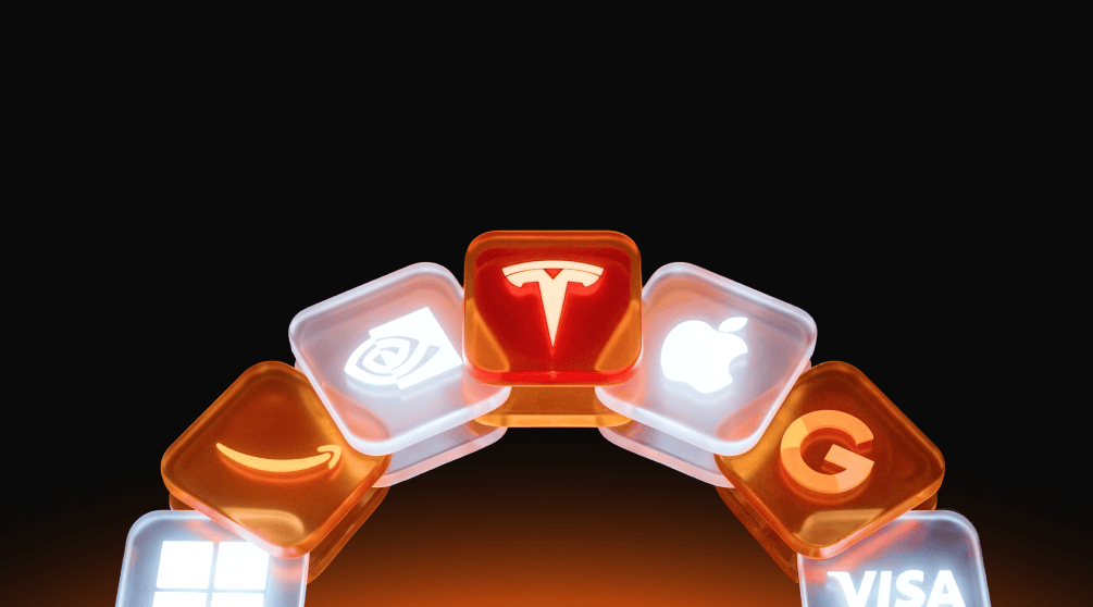 Biểu đồ minh họa các cổ phiếu lớn của Mỹ, bao gồm Tesla, Apple, Google, Amazon, Microsoft, Nvidia và Visa, đại diện cho các cổ phiếu có thể giao dịch ngoài giờ.