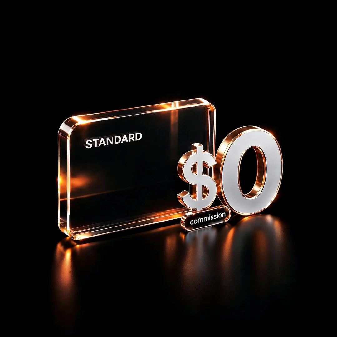 Transparent card labelled "Standard" displayed beside a large zero-dollar commission symbol on a dark background.