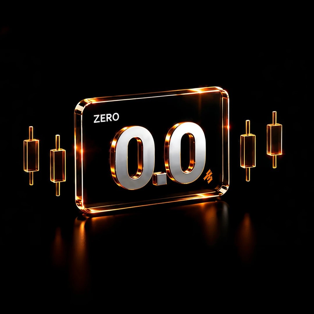 Transparent card labelled "Zero" featuring a large 0.0 spread display with candlestick chart icons on a dark background.