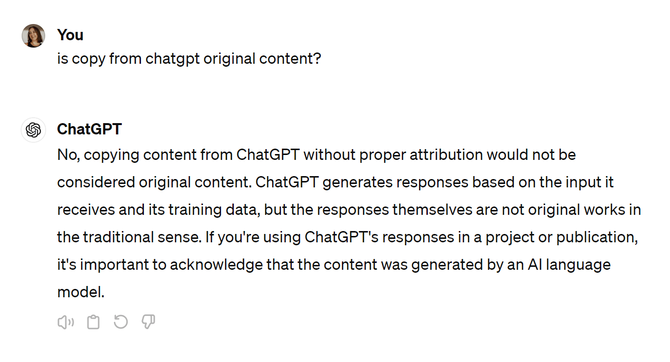 Screenshot of Sophie asking ChatGPT if the content it creates is original