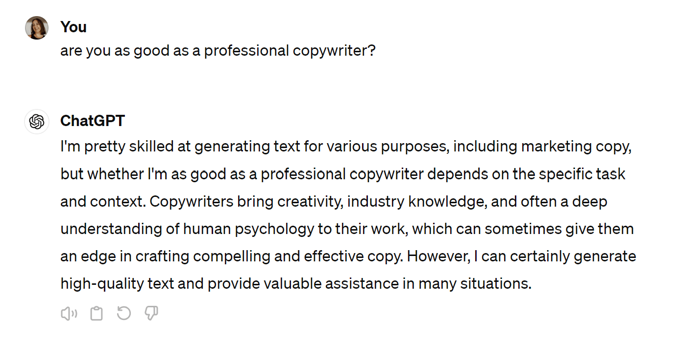 Screenshot of Sophie asking ChatGPT if it writes better than a professional copywriter