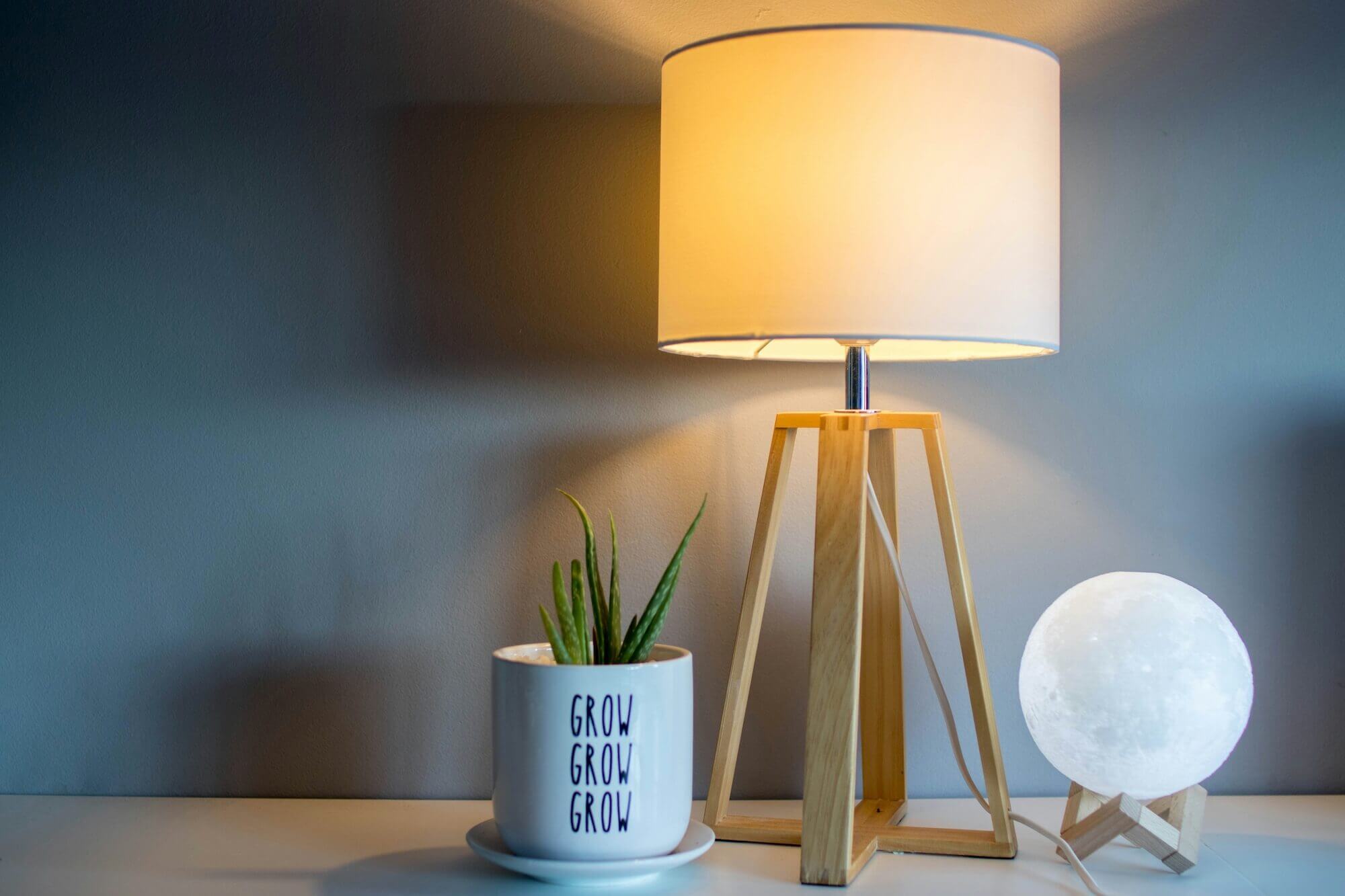 A tall lamp on a wooden stand and a small spherical lamp sit next to one another on a wooden surface with a blue wall behind them. There’s also a plant pot next to the lamps that says “GROW GROW GROW”.