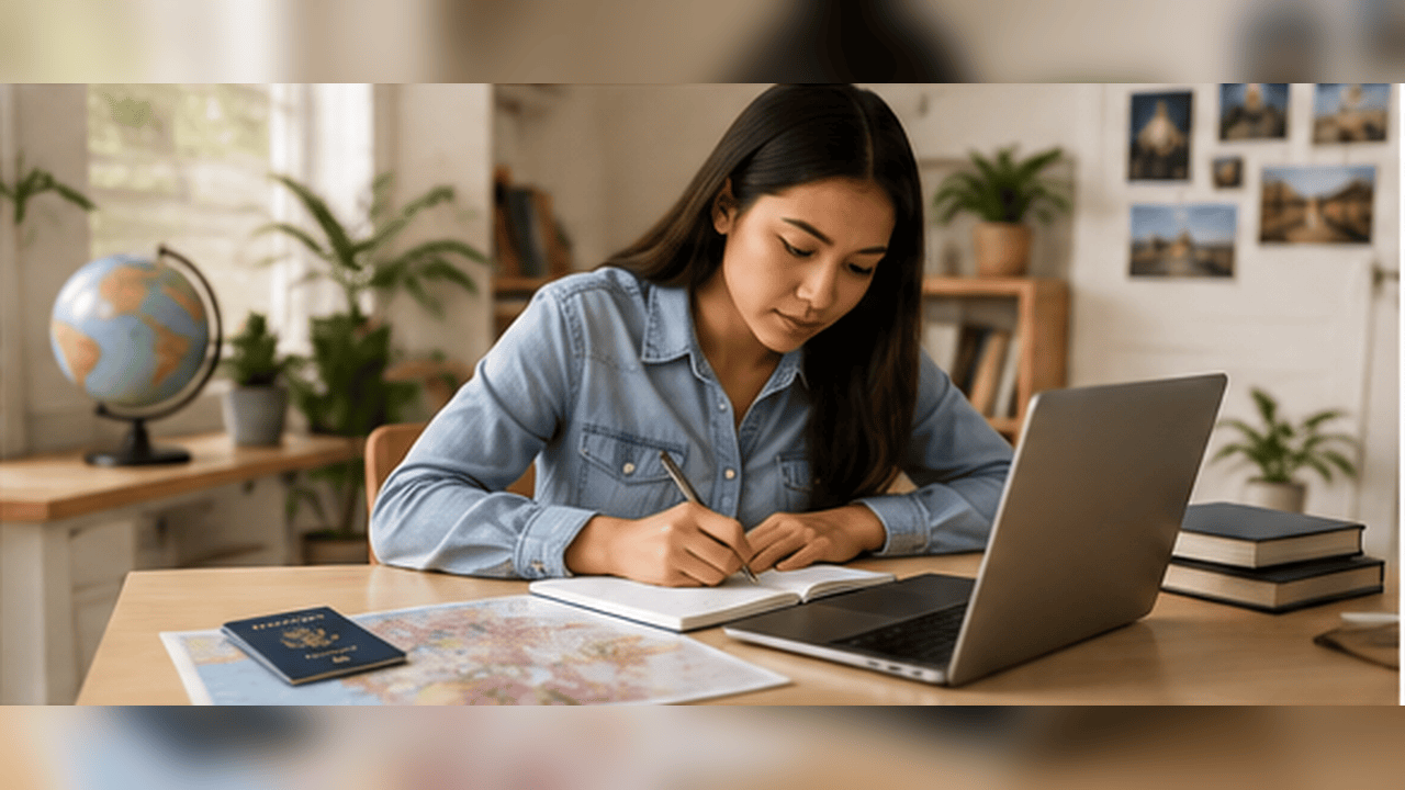 College student comparing study abroad programs at a desk with a laptop, notebook, passport, map and globe.