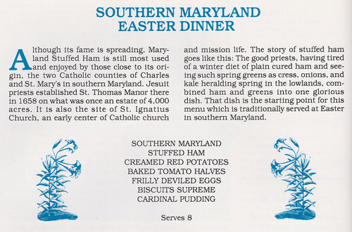 Southern Maryland Easter Dinner menu featuring stuffed ham, creamed red potatoes, baked tomato halves, frilly deviled eggs, biscuits supreme, and cardinal pudding