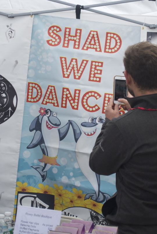 Person photographing a Shad We Dance banner with cartoon sharks at Shadfest festival event