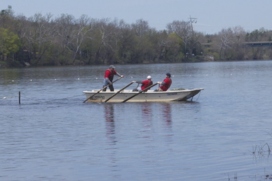 Three people in red life jackets fishing from a wooden boat on calm river water near wooded shoreline