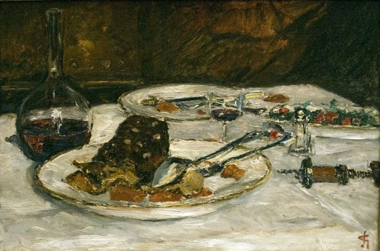 Still life painting of plated beef à la mode with wine bottle and dining setup