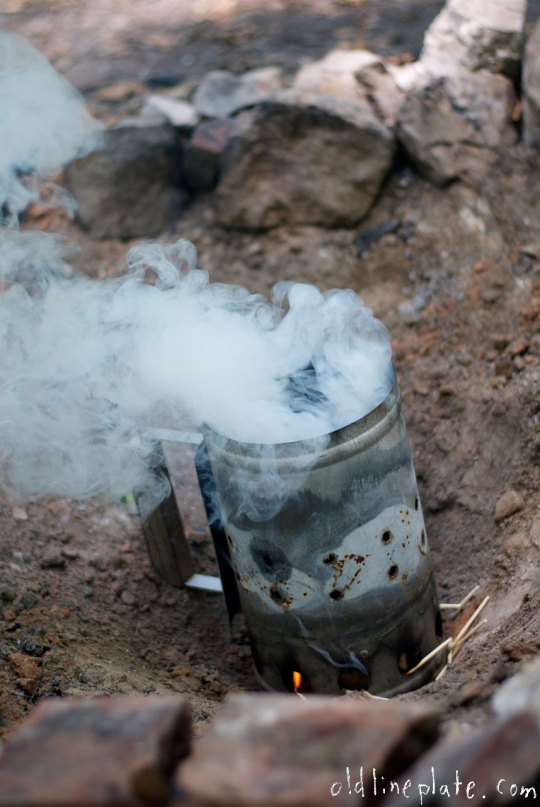 charcoal starter with coals for outdoor slow cooking beef à la mode campfire cooking method