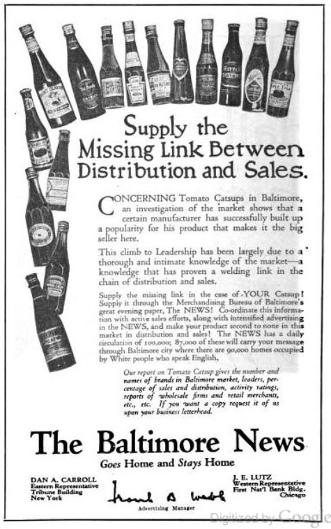 Vintage Baltimore News advertisement for tomato catsup distribution and sales featuring multiple bottle images and text about supply chain marketing