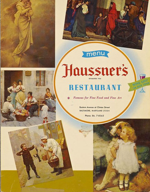 Vintage Haussner's Restaurant menu cover featuring classical artwork, established 1926, Baltimore Maryland fine dining establishment