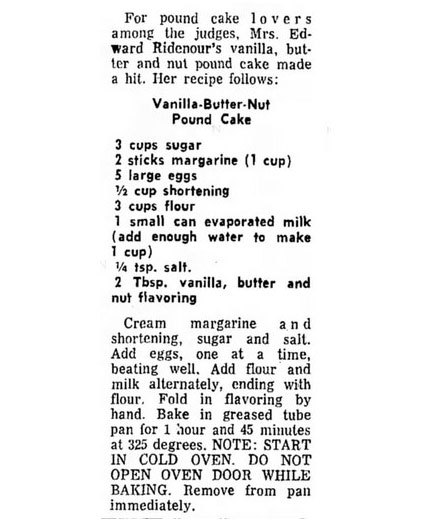 Vintage vanilla butternut pound cake recipe from 1970s Maryland newspaper with ingredients and baking instructions