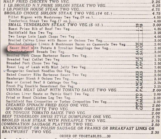 Vintage restaurant menu featuring diverse meat and poultry dishes with vegetable sides and prices from mid-20th century