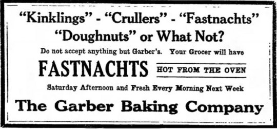 Vintage Garber Baking Company fastnachts advertisement promoting hot fried pastries for Saturday and Sunday, classic Pennsylvania Dutch treat