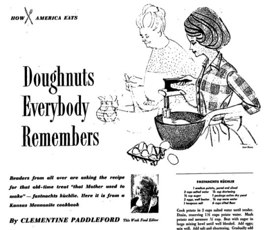 Vintage How America Eats recipe article for Fastnachts Küchlie doughnuts with illustrated instructions from Kansas Mennonite cookbook