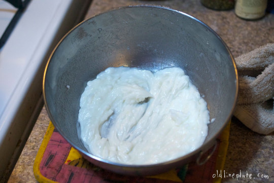 shortening in metal bowl for Fastnachts Küchlie deep-fried pastry recipe