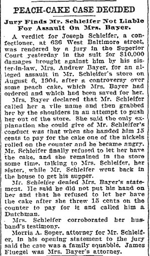 Vintage newspaper article about peach cake legal case, Baltimore confectioner dispute over dessert