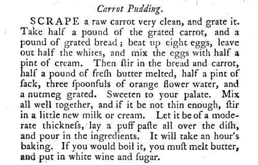Carrot Pudding recipe from vintage cookbook with ingredients and instructions for baking or boiling