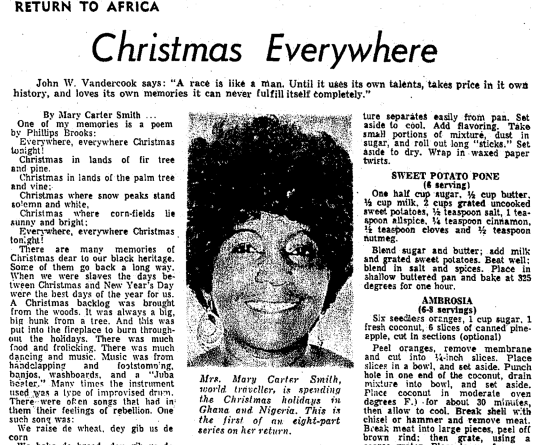 Portrait of Mary Carter Smith with Sweet Potato Pone recipe and Christmas Everywhere article from Afro-American newspaper, 1973