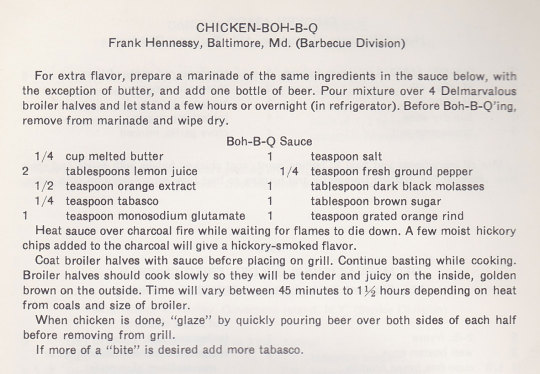 Chicken-Boh-B-Q recipe from Frank Hennessy Baltimore Barbecue Division with marinade and basting sauce instructions