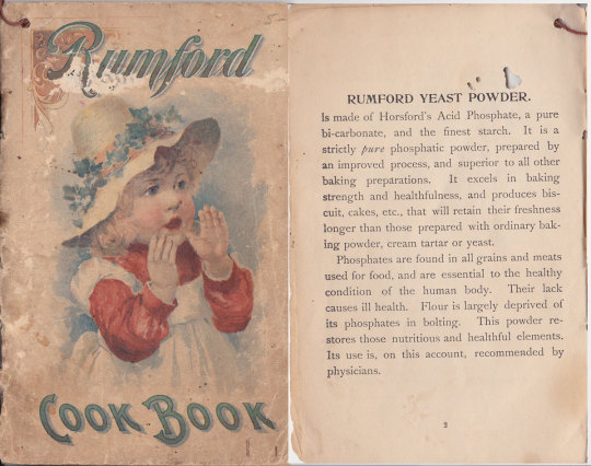 Rumford Yeast Powder vintage cookbook cover and advertisement describing baking powder made with acid phosphate and pure bicarbonate